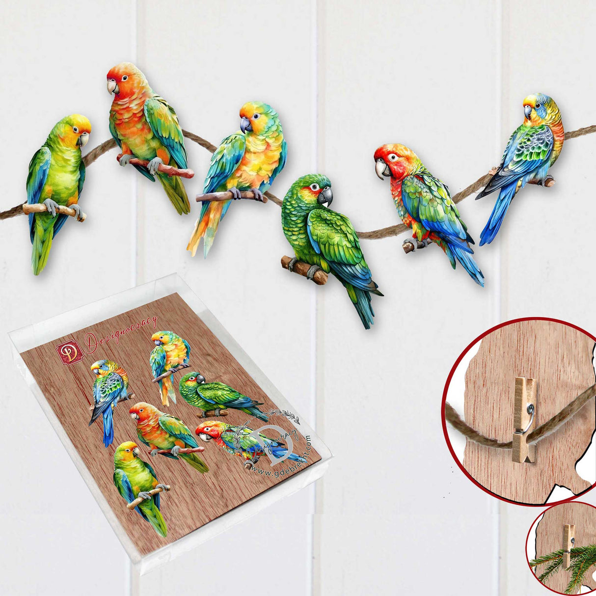 Parrots Decorative Wooden Clip-on Ornaments of 6 by G. Debrekht - Christmas Decor - 8090013C-S6