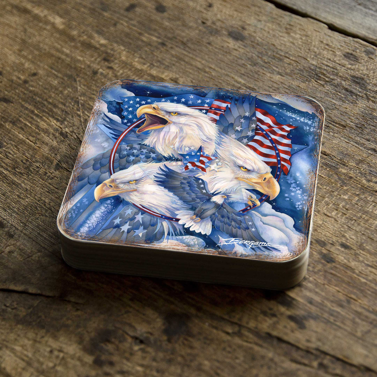 Juego de 4 posavasos de corcho de madera con diseño de águilas patrióticas americanas de J. Bergsma - Decoración de vida silvestre - 8199470C-S4