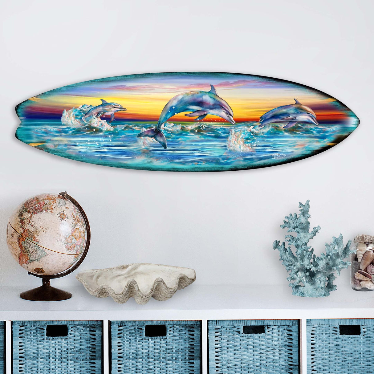Dolphin's Dance Surfboard Coastal Wall Art by G. DeBrekht - Coastal Holiday Decor - 8490122HS
