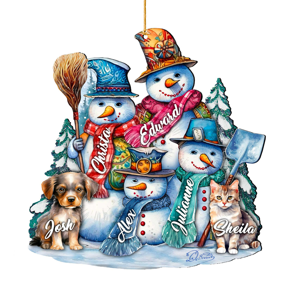 Adornos navideños personalizados de muñeco de nieve con familia feliz - Adornos de madera con nombres de familiares de G. Debrekht - Decoración navideña - 8652755P