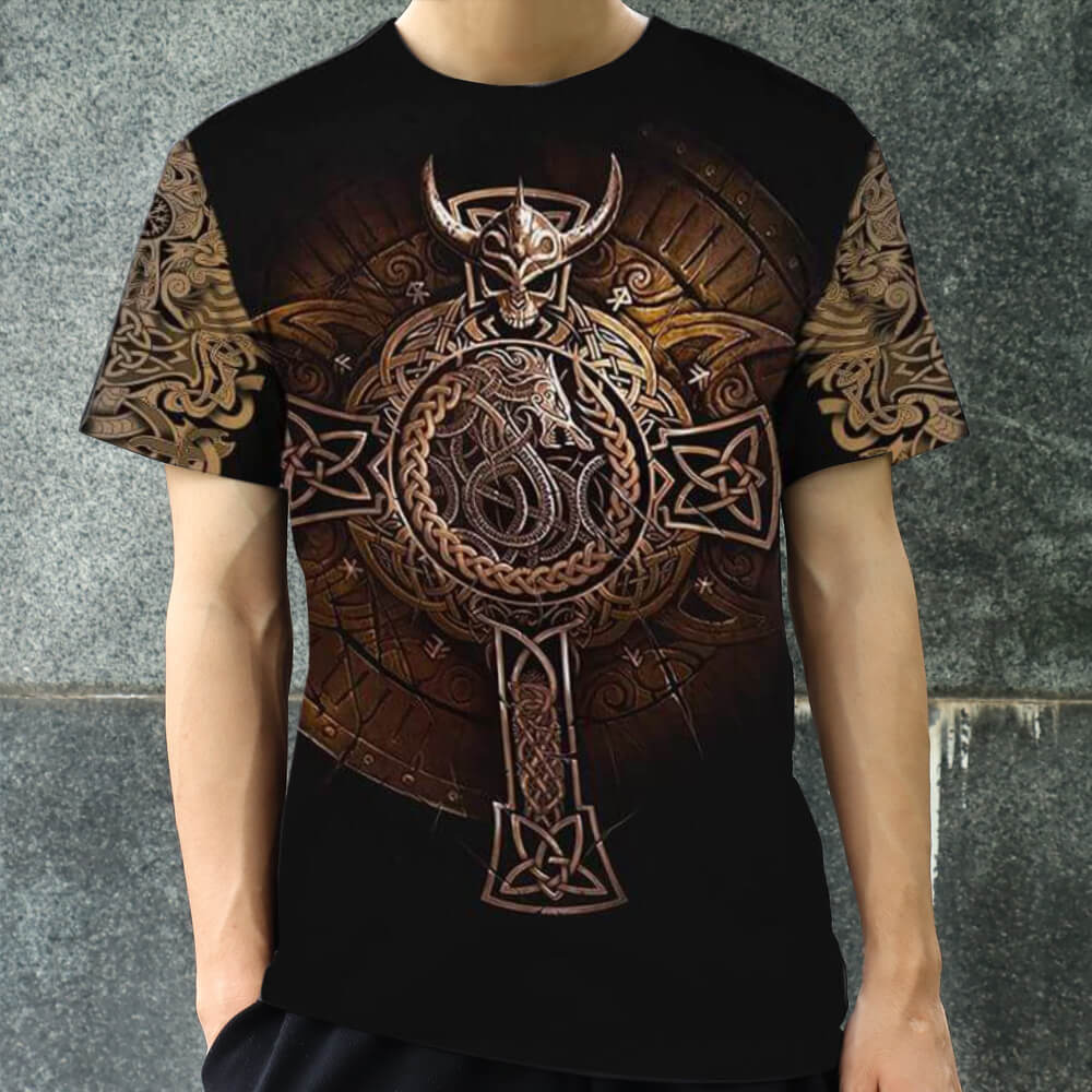 Camiseta vikinga de poliéster con calavera de dragón y nudo celta
