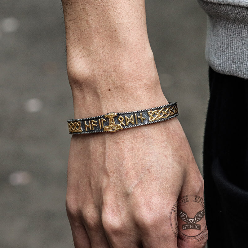 Pulsera vikinga de acero inoxidable con nudo celta y runas Mjolnir