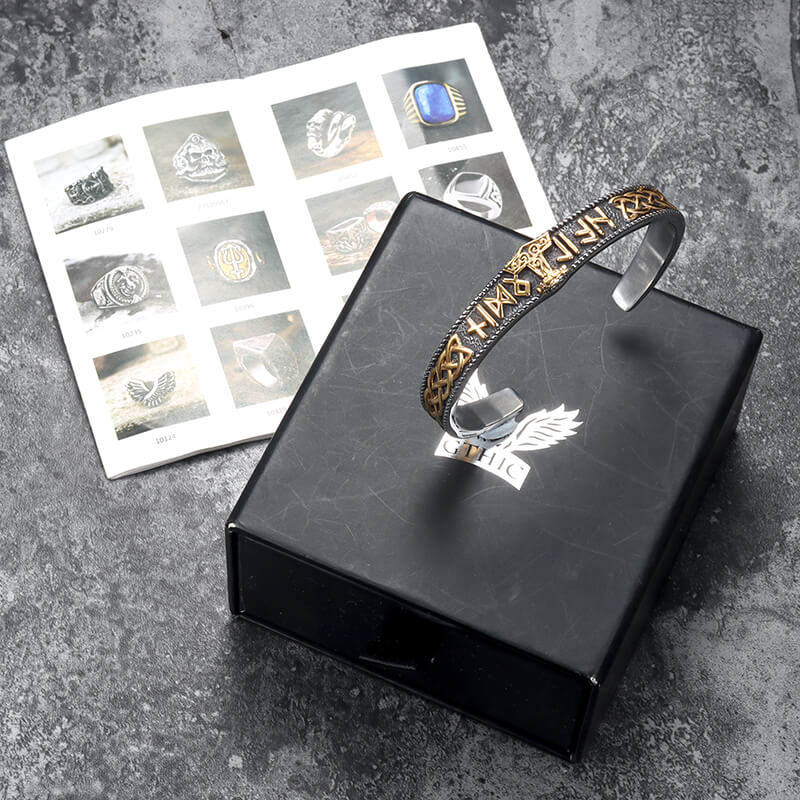 Pulsera vikinga de acero inoxidable con nudo celta y runas Mjolnir