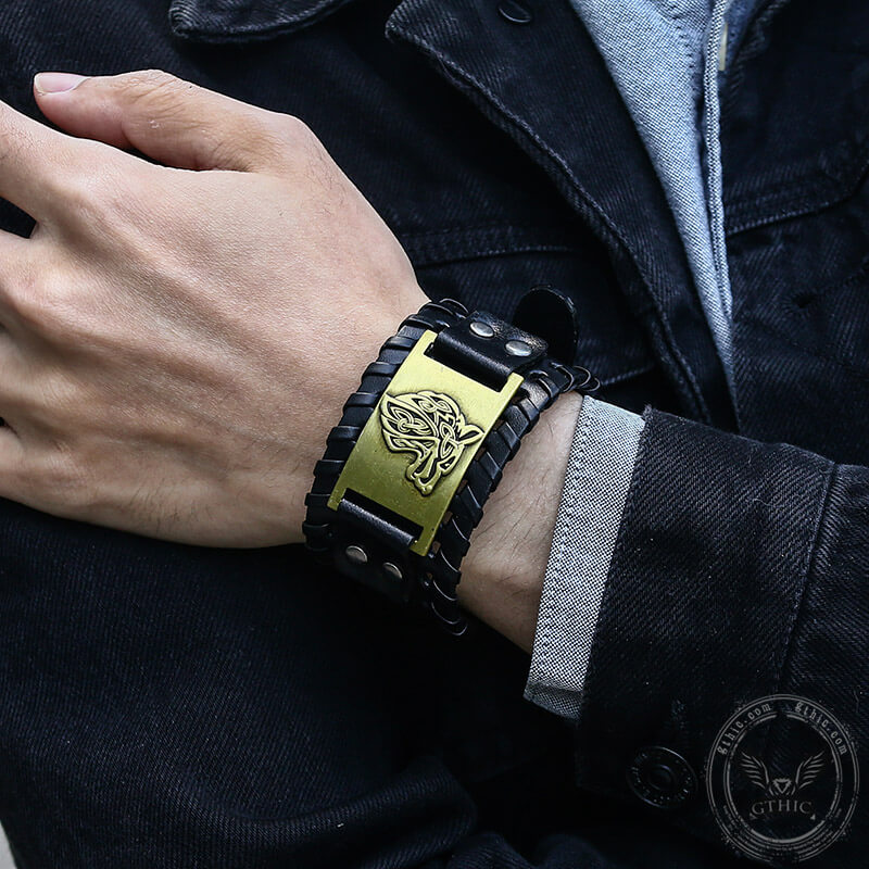 Pulsera vikinga de aleación de cuero de lobo celta