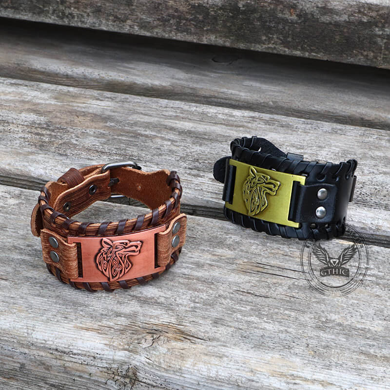 Pulsera vikinga de aleación de cuero de lobo celta