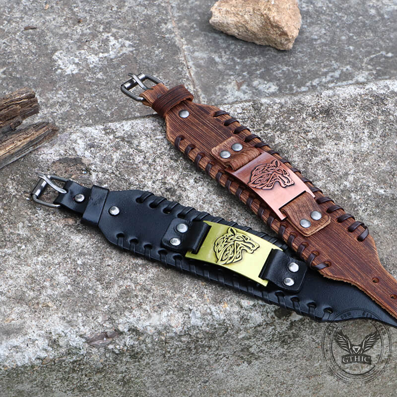 Pulsera vikinga de aleación de cuero de lobo celta