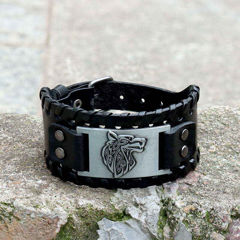 Pulsera vikinga de aleación de cuero de lobo celta