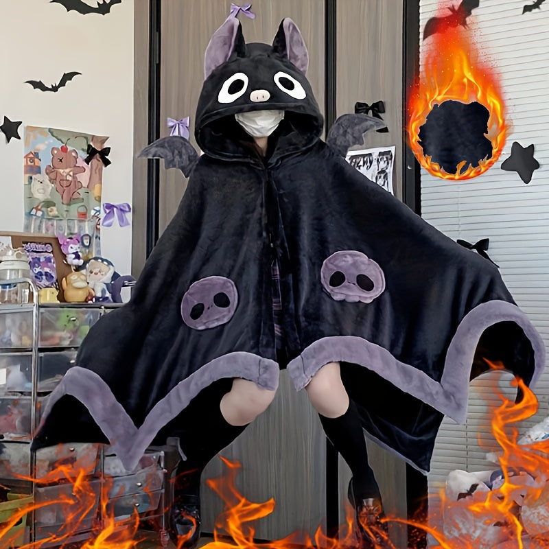 Cozy Bat-Themed Hooded Wearable Blanket with Detachable Nose - Soft Flannel, Machine Washable for Autumn & Winter