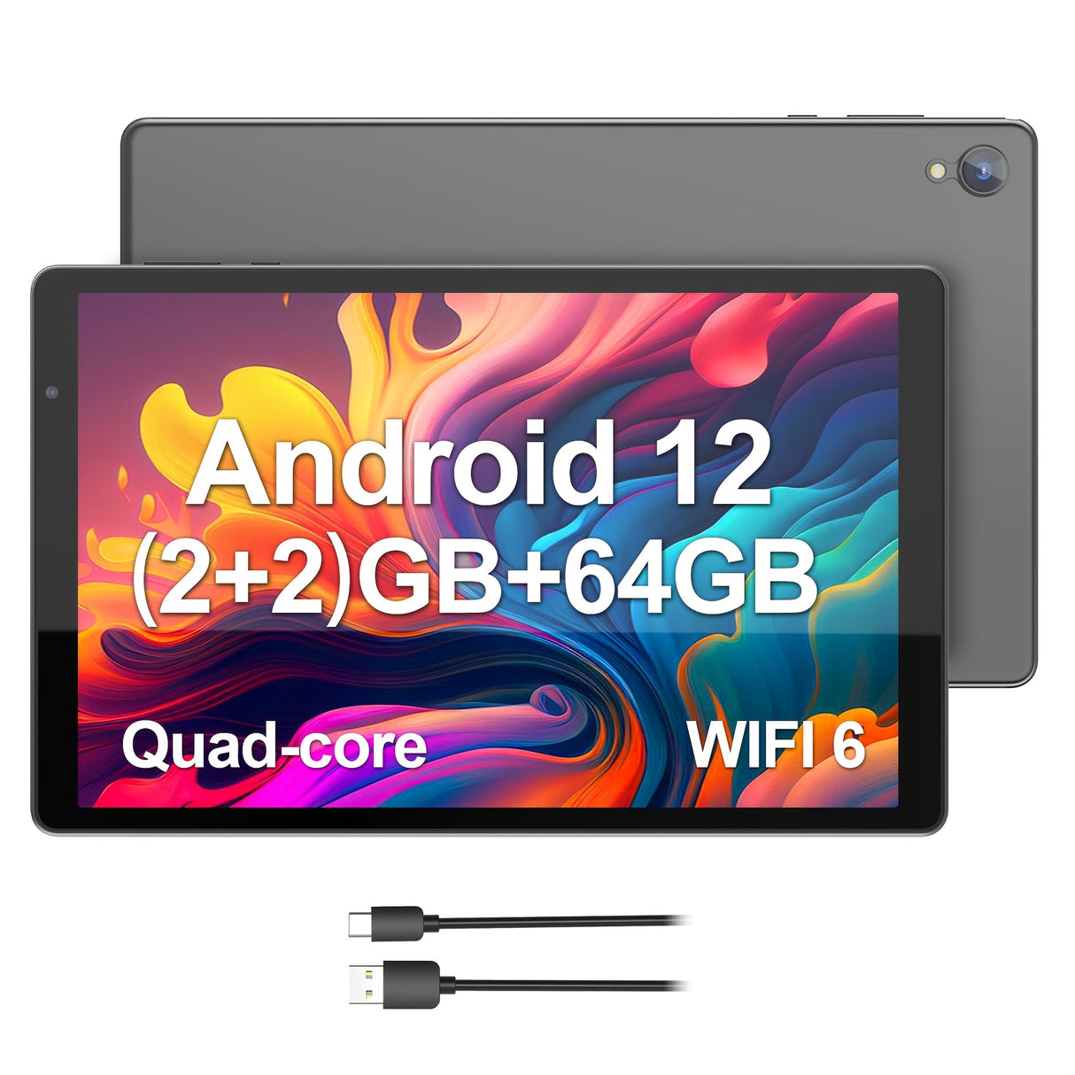 Tablette Android 12 10 pouces : processeur quad-core, 32 Go de stockage ROM (extensible jusqu'à 1 To), 2 Go de RAM, écran IPS HD 1280 x 800, appareil photo 2 MP + 2 MP, batterie 6 000 mAh, double caméra HD, Wi-Fi 6