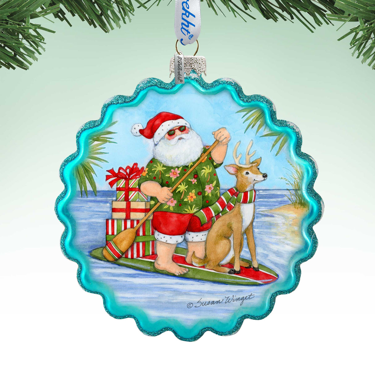 Christmas Decoration - Handblown Glass - Paddle Boarding Santa - Christmas Tree Ornament by Susan Winget - Handmade Gift - Wooden Ornament - 759-115-SW