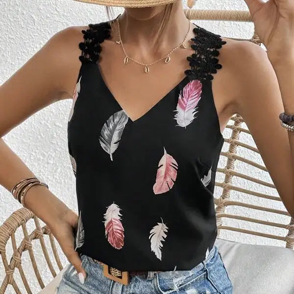 Women's Printed Feather Pattern Design V-neck Fashionable Slimming Camisole Vest - Lootquake