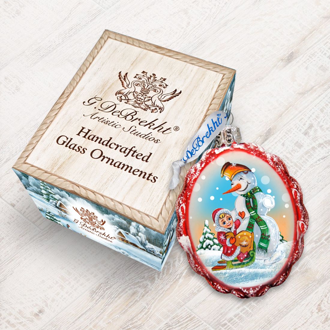 Adorno de vidrio de mercurio "Jugando con el muñeco de nieve" de G. DeBrekht - Decoración navideña de Papá Noel - 777383