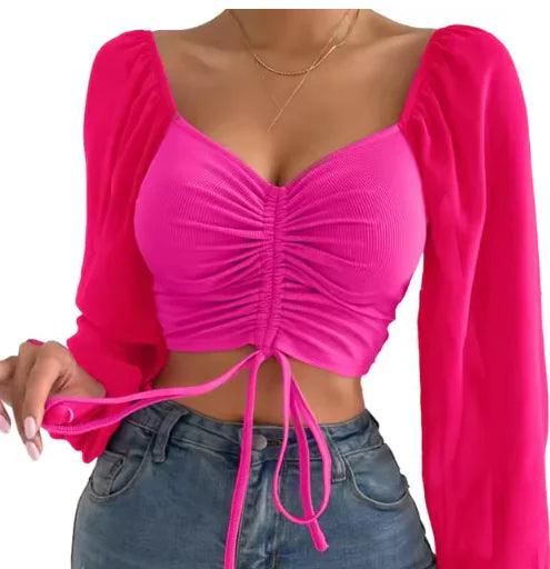 Chic V-Neck Balloon Sleeve Crop Top