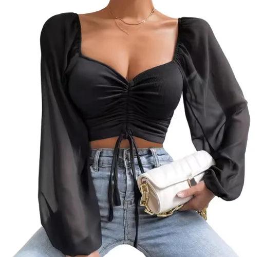 Chic V-Neck Balloon Sleeve Crop Top