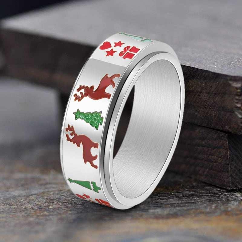 Christmas Tree Elk Stainless Steel Spinner Ring