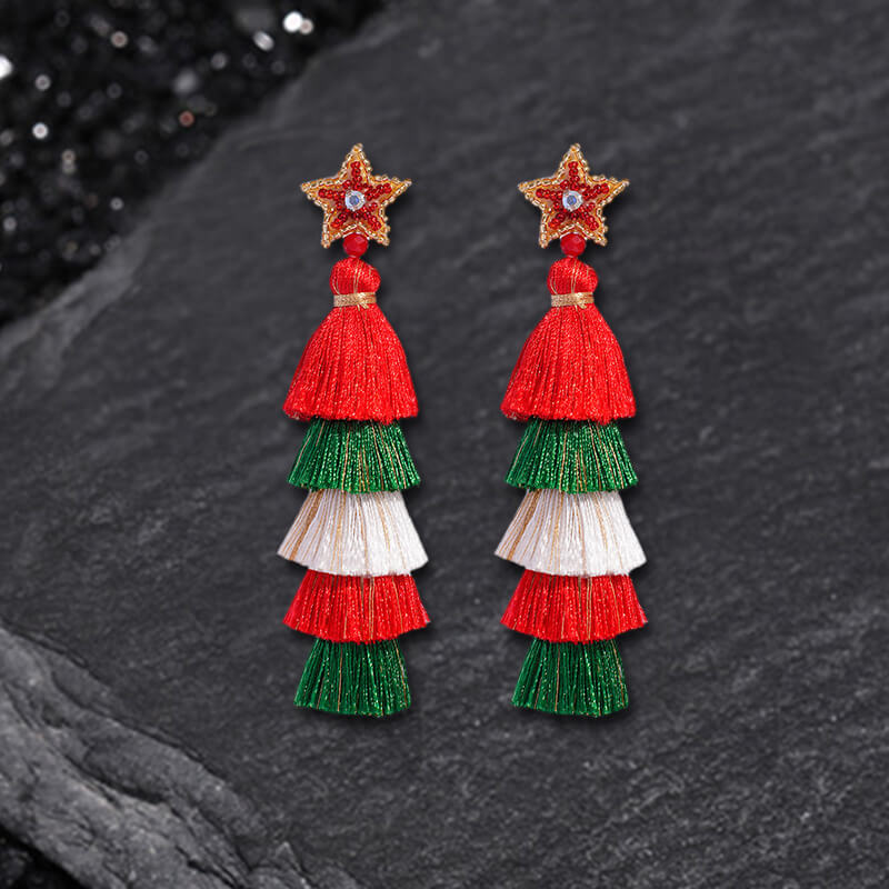 Pendientes de cuentas de arroz con borlas de dibujos animados de Papá Noel y árbol de Navidad