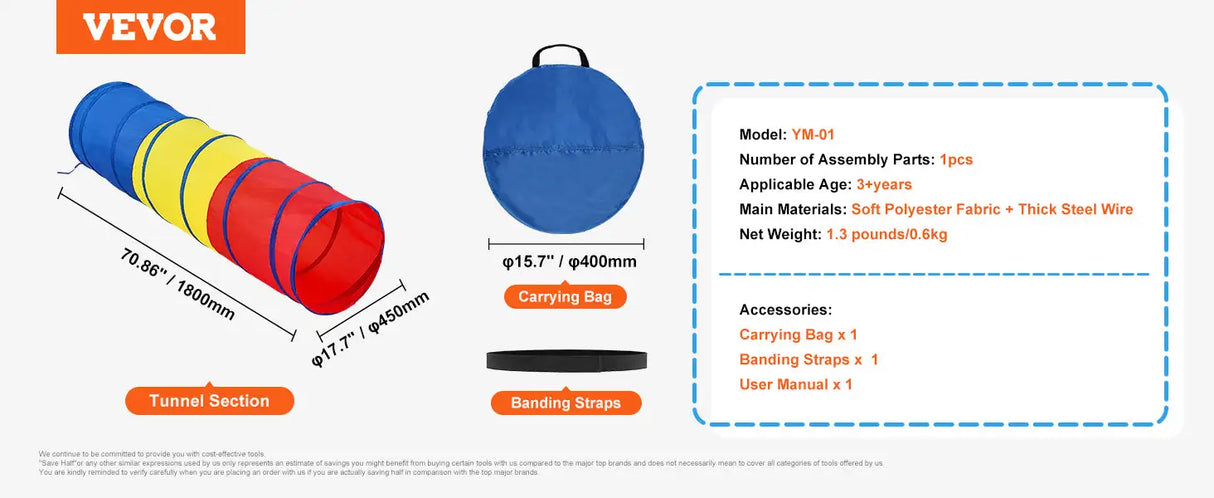 VEVOR Kids Play Tunnel Tent for Toddlers Collapsible Gift for Boy and Girl Play Tunnel Indoor and Outdoor Game Red/Yellow/Blue - Lootquake