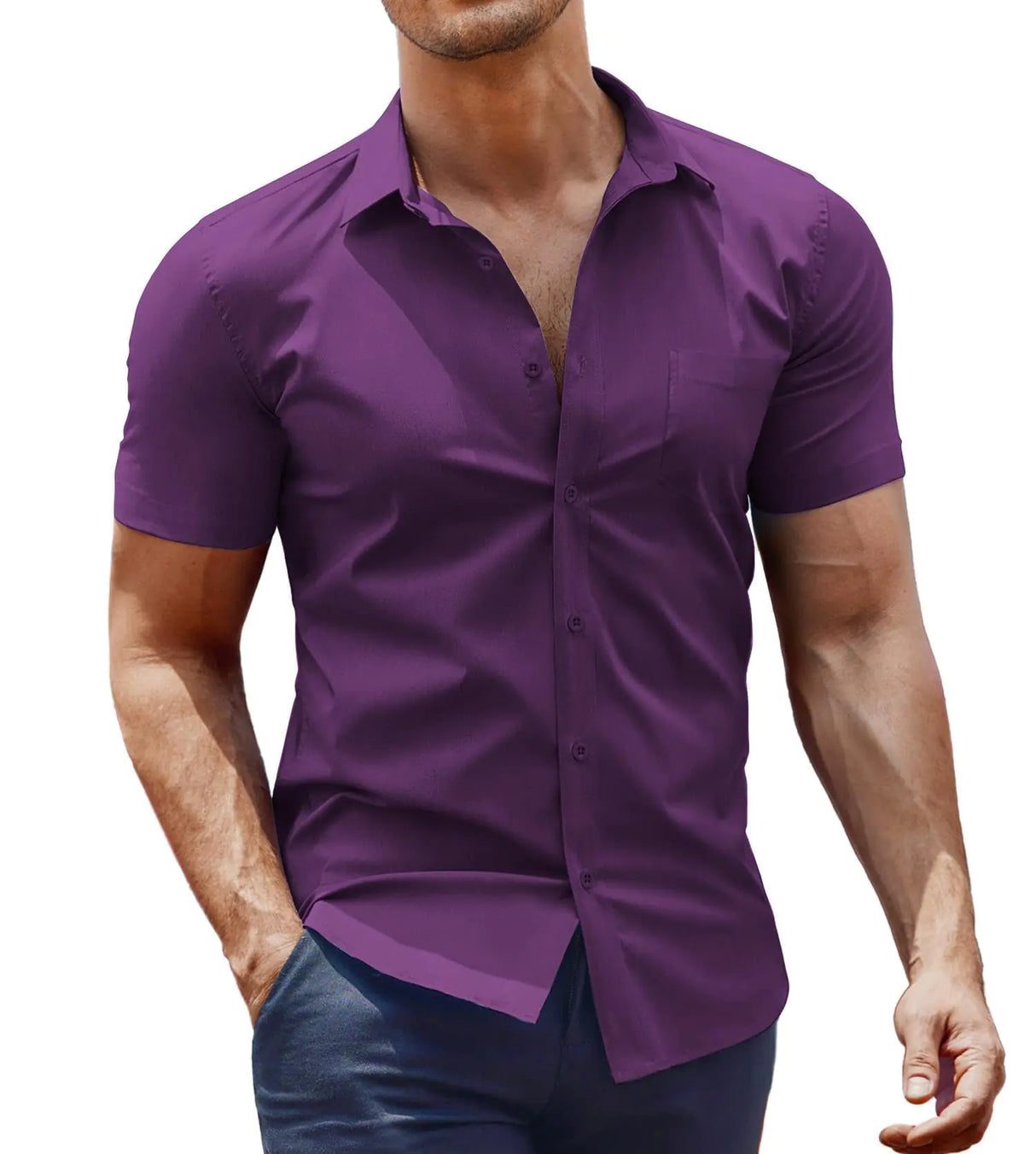 COOFANDY Short Sleeve Dress Shirts for Men Casual Button Down Shirts with Pocket Fashion Summer Shirts Purple - Lootquake