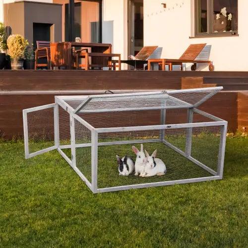 Compact Grey Rabbit Hutch with Folding Runway