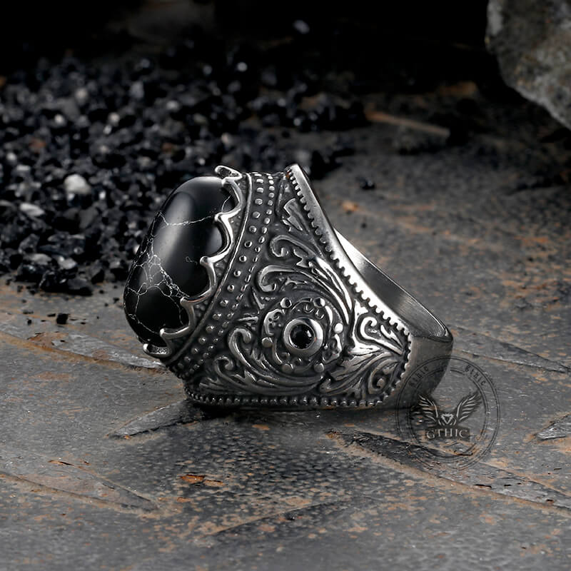 Cracked Black Turquoise Patterned Stainless Steel Ring