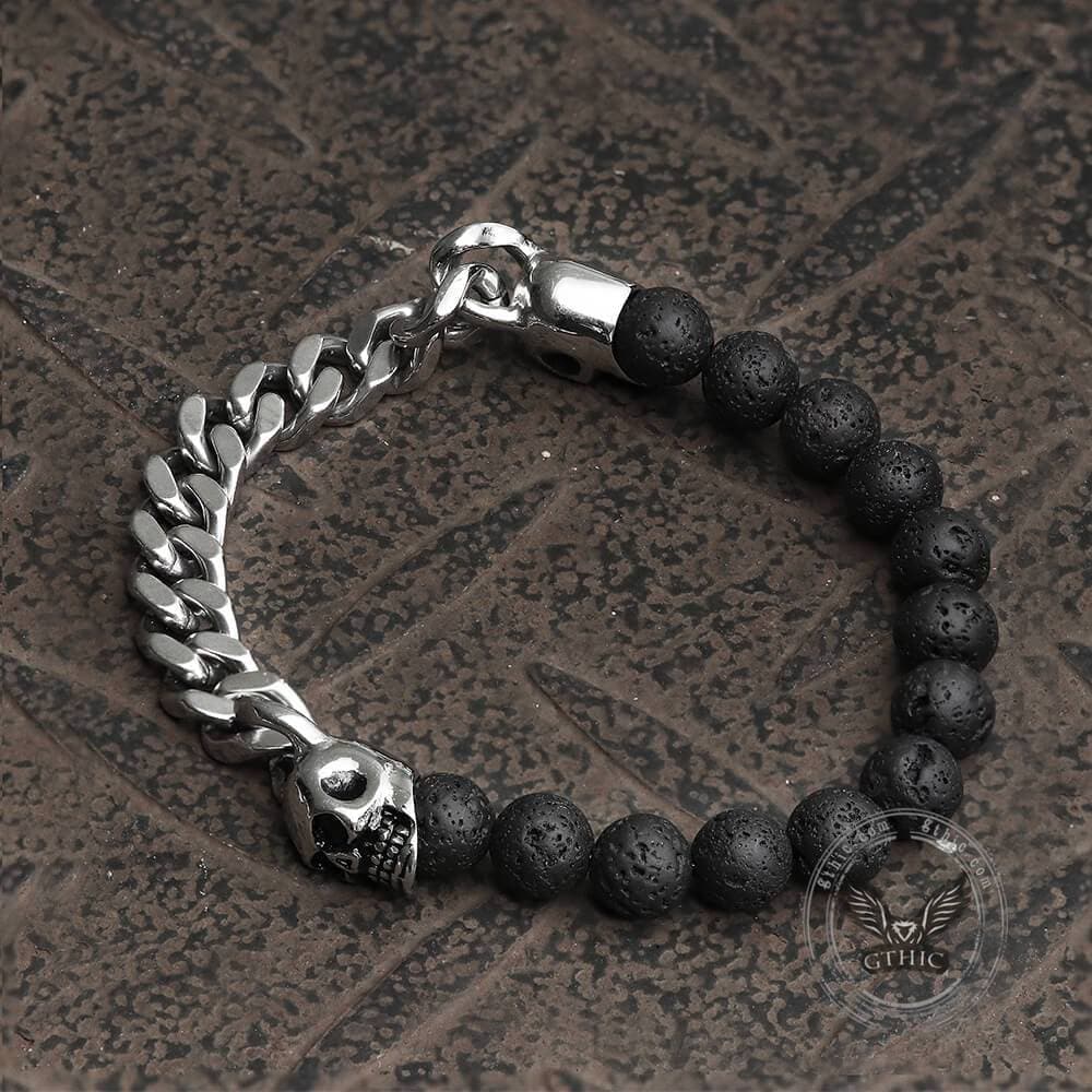 Pulsera de cadena cubana y calavera de roca volcánica