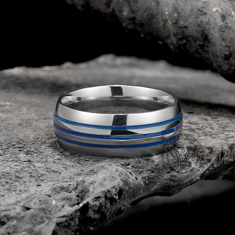 Curved Blue Triple Groove Titanium Ring