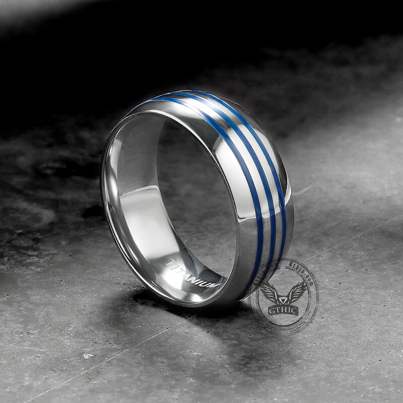 Curved Blue Triple Groove Titanium Ring