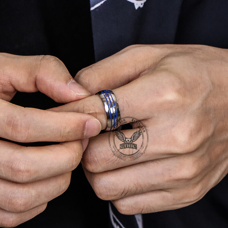Curved Blue Triple Groove Titanium Ring