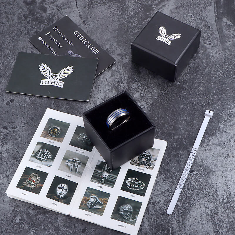 Curved Blue Triple Groove Titanium Ring