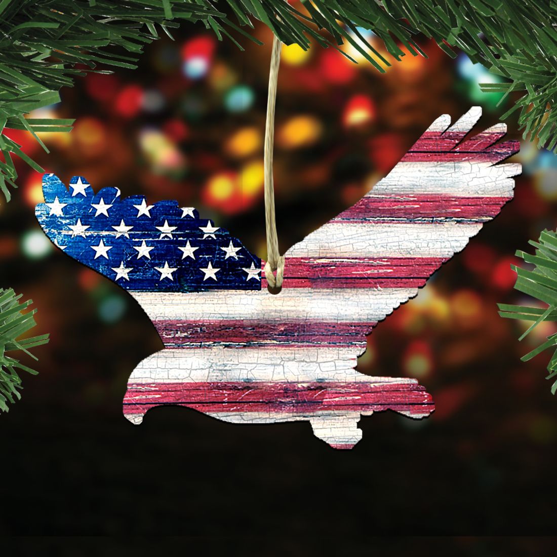Patriotic Holiday Wreath Wooden Ornaments Set of 3 - American Christmas Decor - 8100039S3