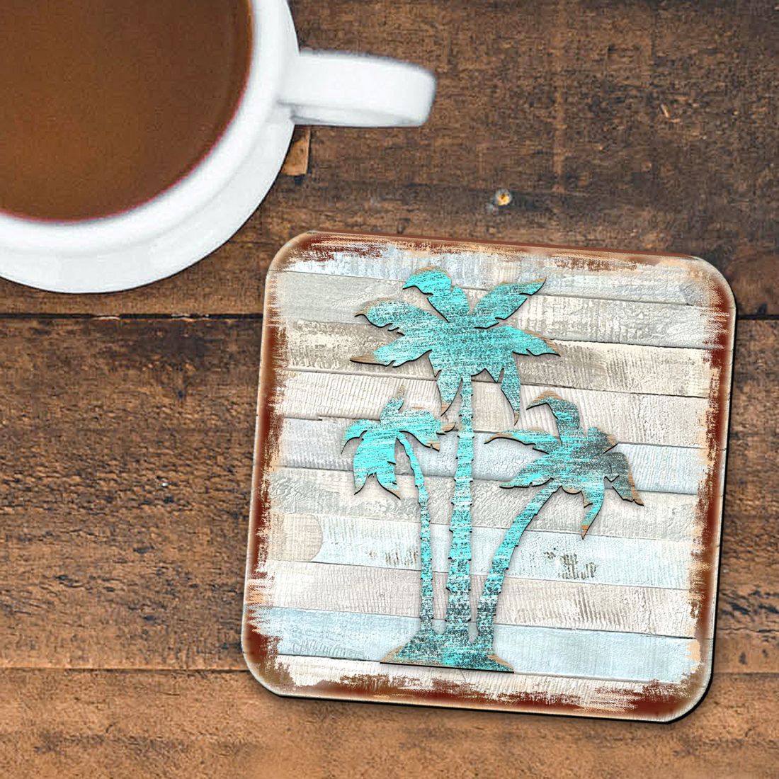 Palm Trees Coastal Wooden Cork Coasters Gift Set of 4 by Nature Wonders - Coastal Sea-Life Decor - 8198415-9C-S4