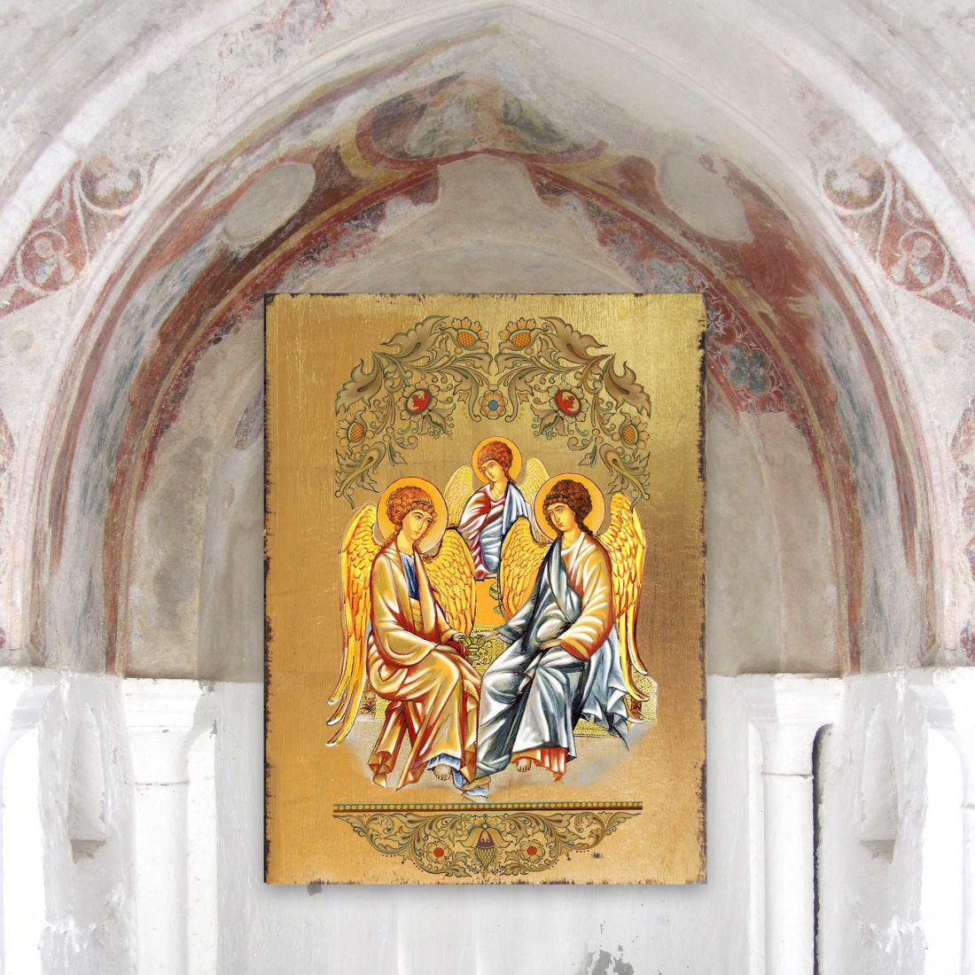 Old Testament Trinity Wooden Gold Plated Religious Orthodox Sacred Icon - Inspirational Icon Decor - 85015