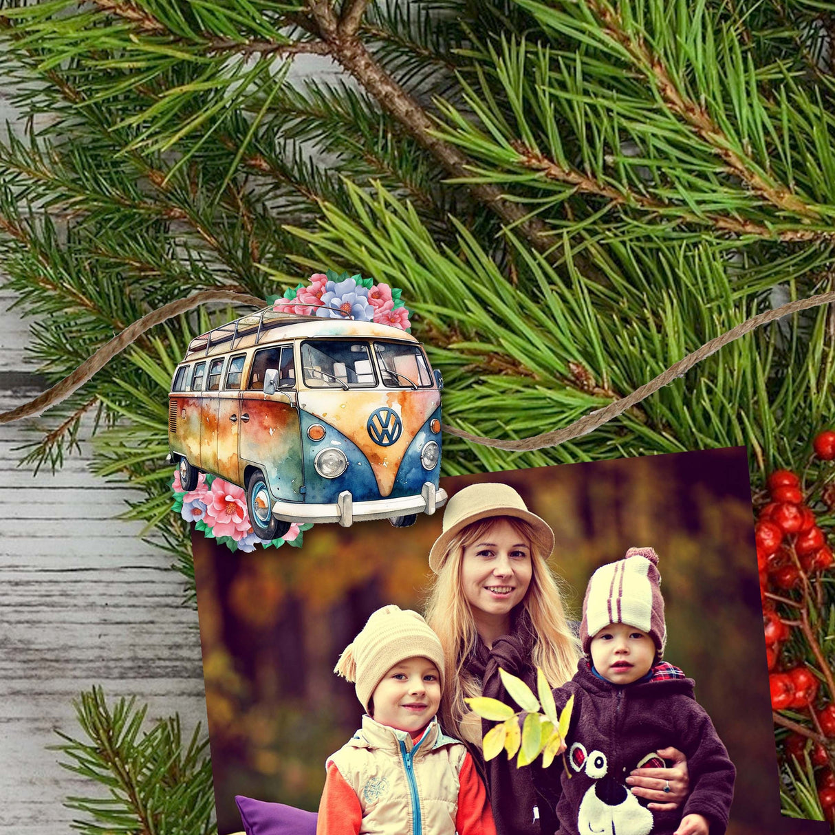 Juego de 6 adornos decorativos de madera con forma de furgonetas de surf de G. Debrekht - Decoración navideña - 8090040C-S6