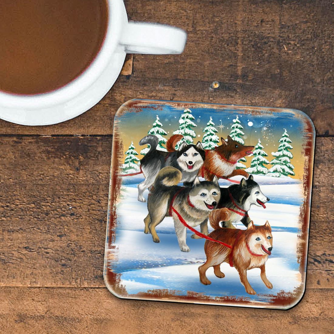 Huskies Wooden Cork Coasters Gift Set of 4 by Nature Wonders - Nature Wildlife Decor - 95378C-S4