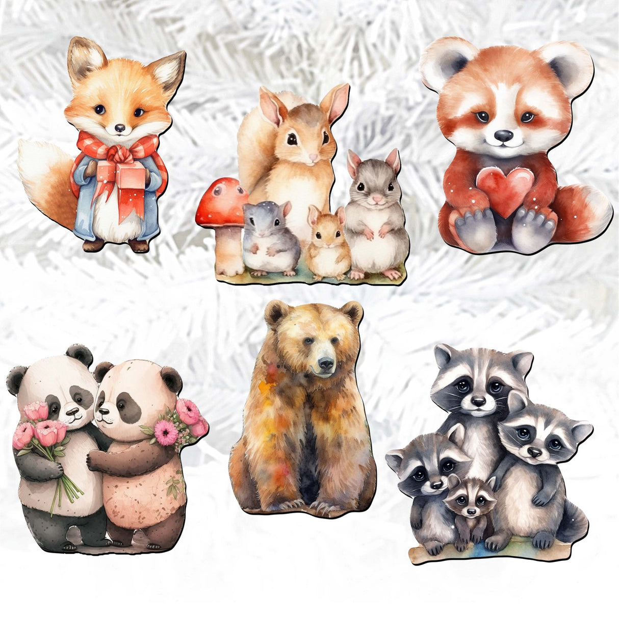 Adornos decorativos de madera con forma de animales del bosque, juego de 6, de G. Debrekht - Decoración navideña - 8090021C-S6