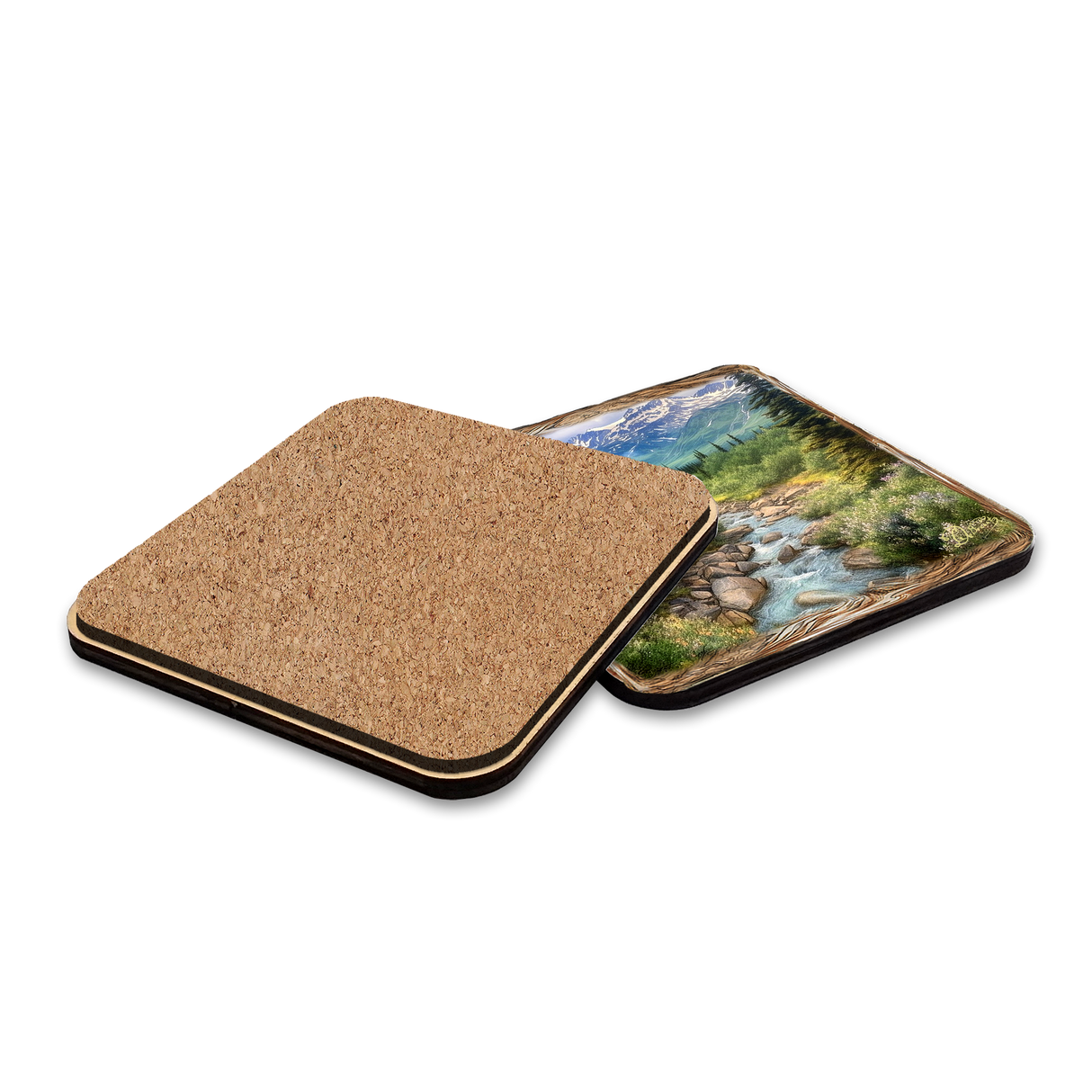 Mountain River Wooden Cork Placemat and Coasters Gift Set of 7 by Nature Wonders Nature Wildlife Decor - 85407C-S7