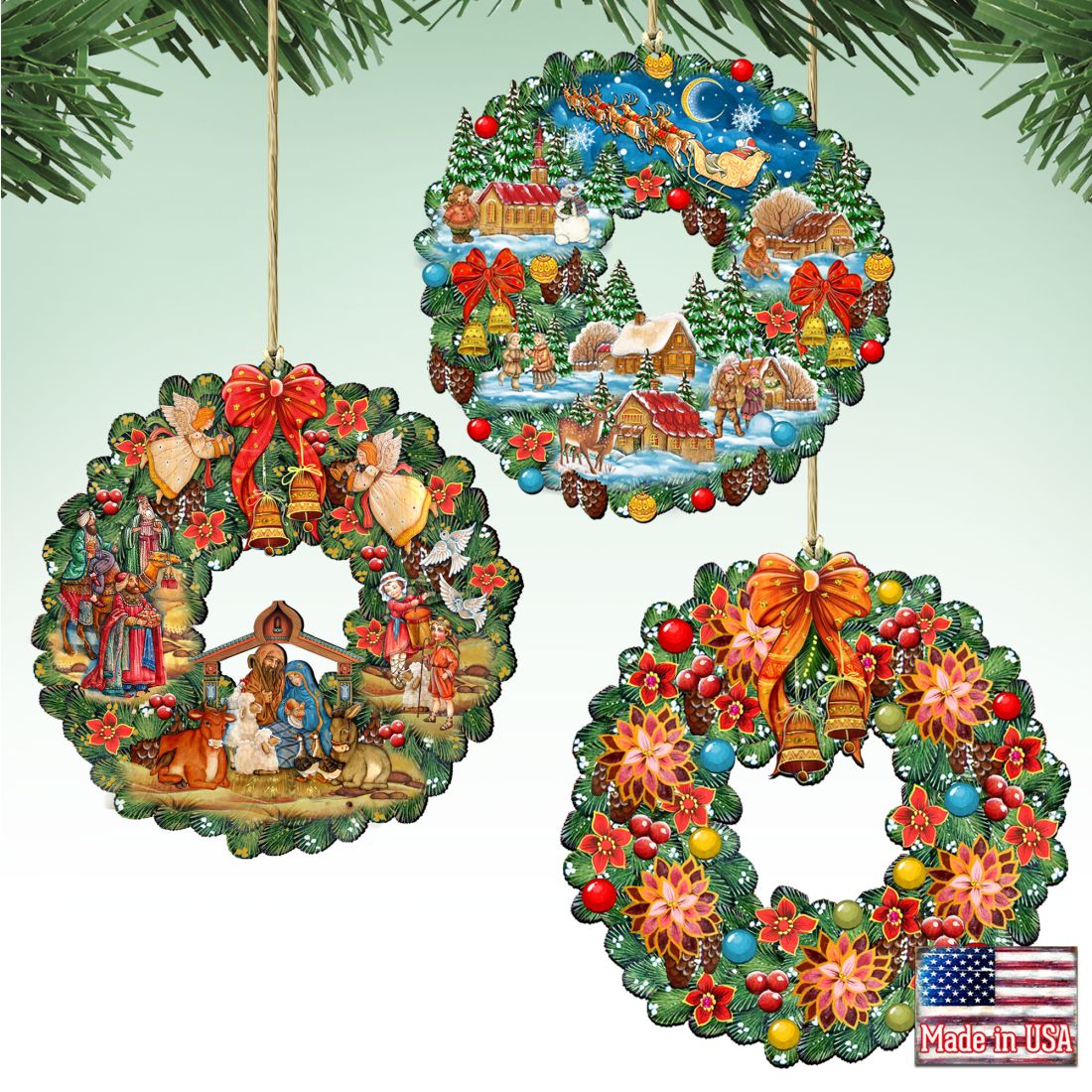 Wreaths Keepsake Wooden Ornaments Set of 3 by G. DeBrekht - Christmas Decor - 8100111S3
