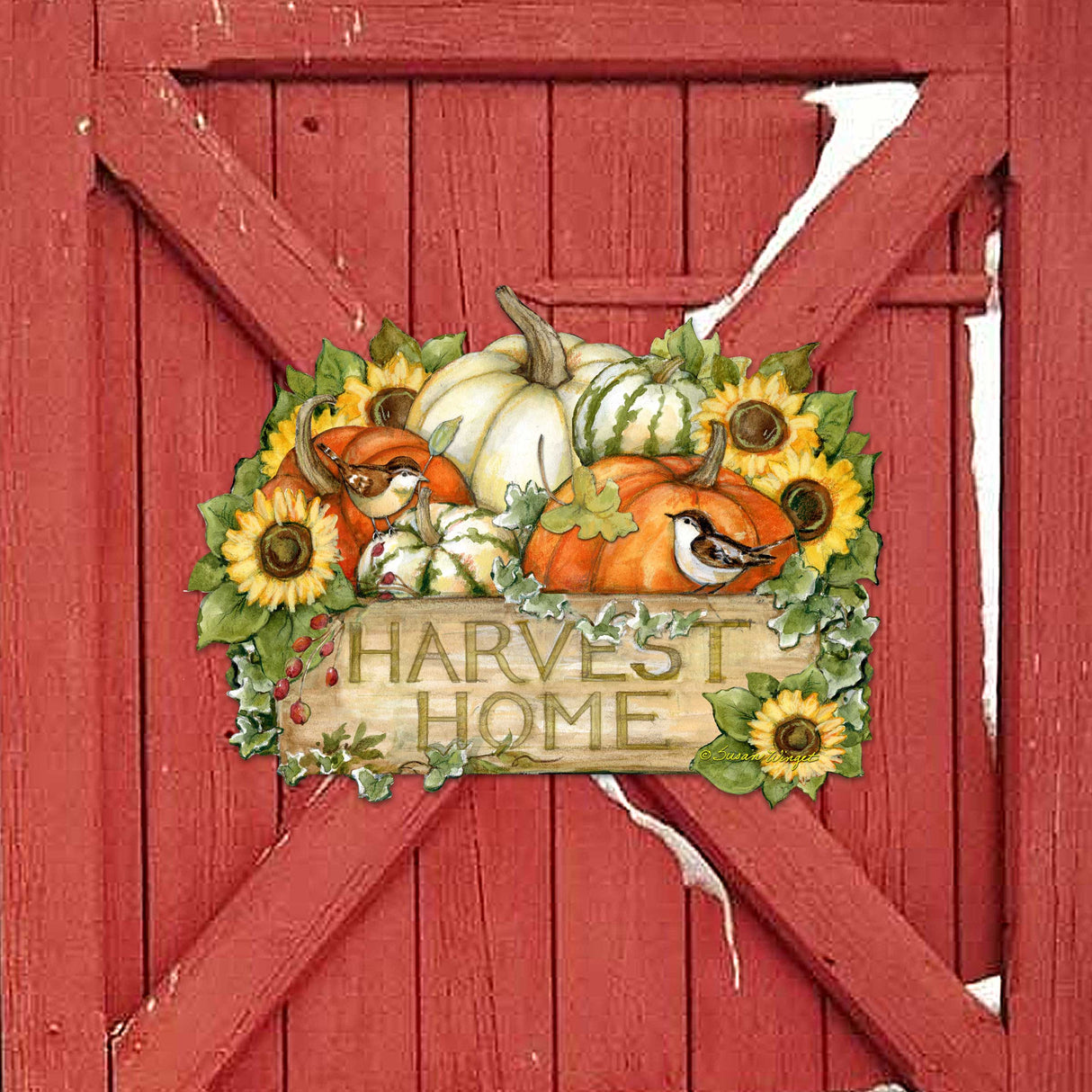 Harvest Welcome Sign - Fall Decoration Cornucopia Door Decor Handmade Gift by Susan Winget Autumn Porch Decor - 8471210H-SW