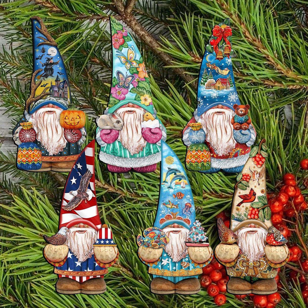 Holiday Gnomes Decorative Wooden Clip-on Ornaments Set of 6 by G. Debrekht - Christmas Decor - 8090138C-S6