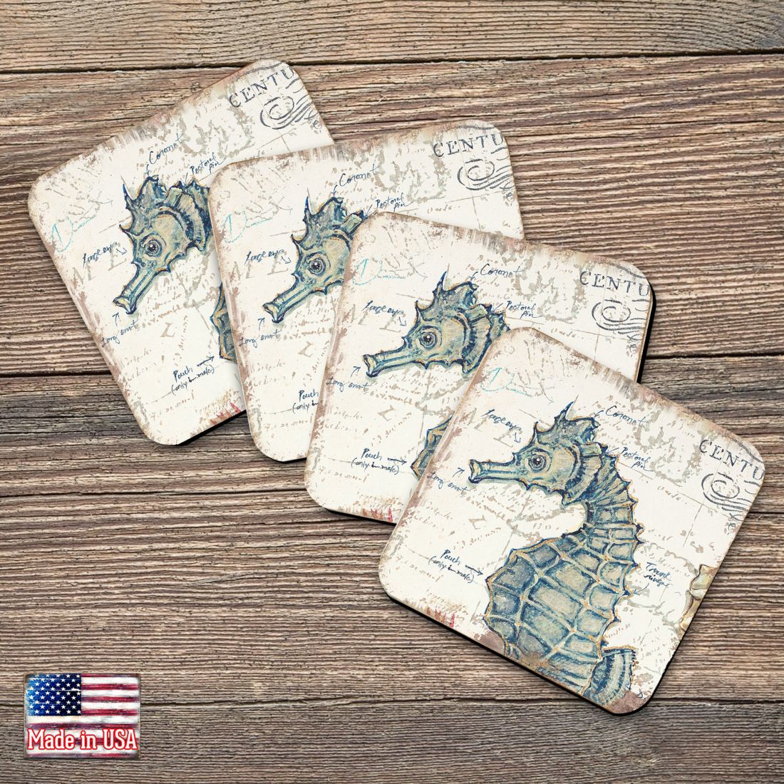 Seahorse Coastal Wooden Cork Coasters Gift Set of 4 by Nature Wonders - Coastal Sea-Life Decor - 8198621C-S4