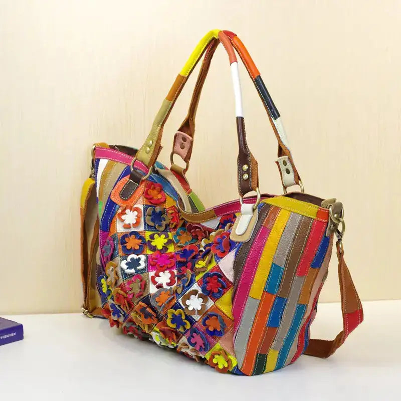 Colorful Cowhide Leather Handbags with Floral Design - Lootquake