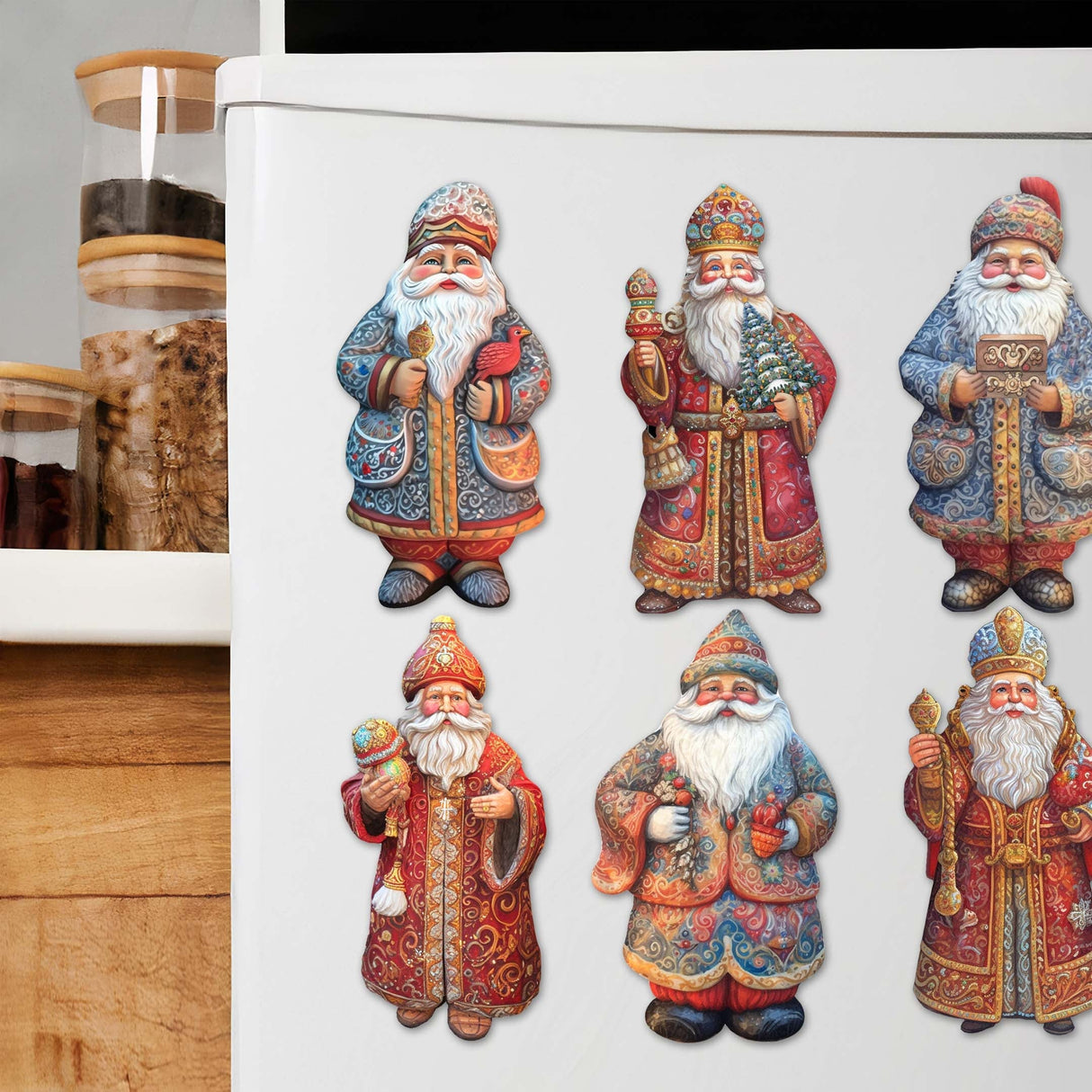 Juego de 6 imanes decorativos de madera de Papá Noel de G. Debrekht - Decoración navideña de Papá Noel y muñeco de nieve - 8090032G-S6