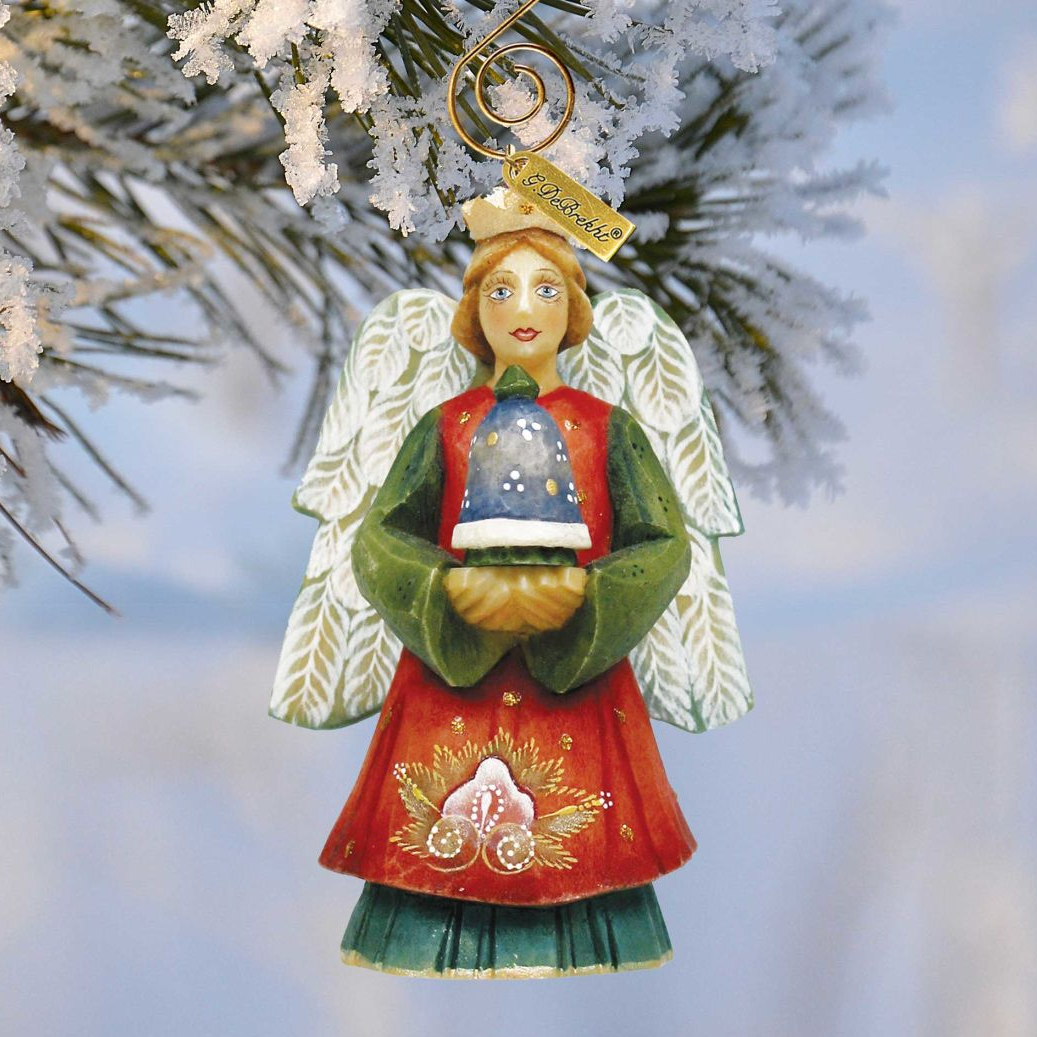 Ángel con campana, figura navideña esculpida y pintada a mano por G. DeBrekht - Decoración navideña de Papá Noel y muñeco de nieve - 657101