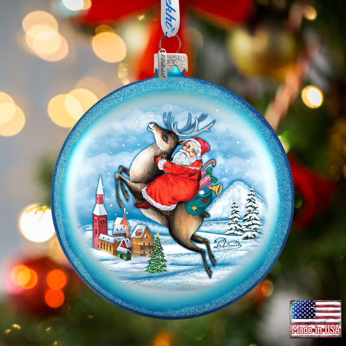 Reindeer Santa Glass Ornament by G. DeBrekht - Christmas Santa Snowman Decor - 744-014B