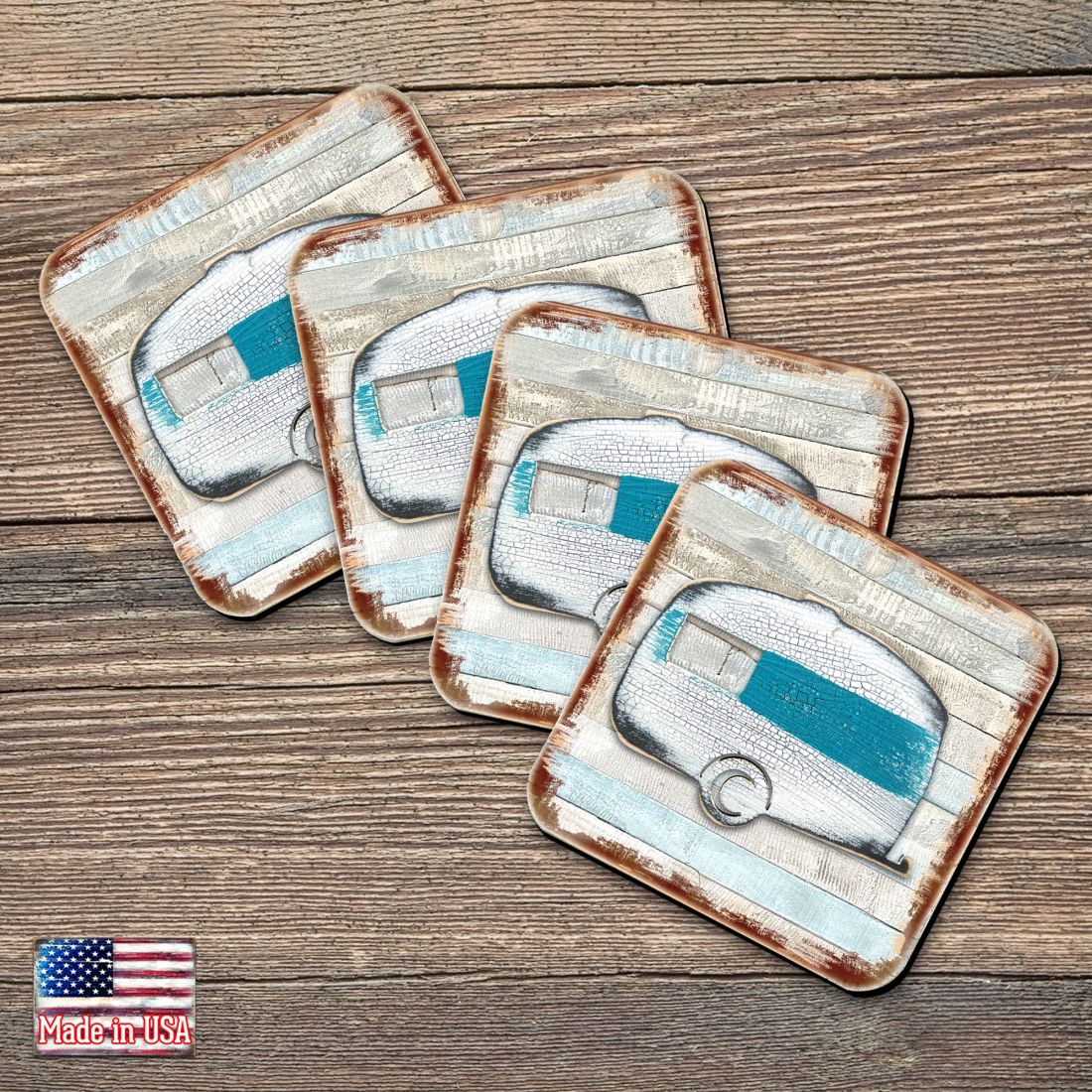 Juego de 4 posavasos de corcho de madera con diseño de Woodsy Camper de Nature Wonders - Decoración de vida silvestre - 8198431-9C-S4