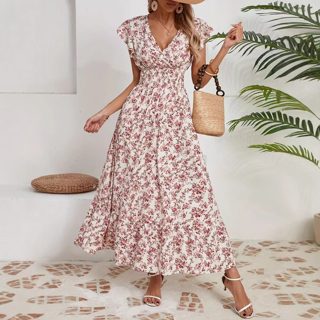 Vestido floral de moda con cintura y mangas largas