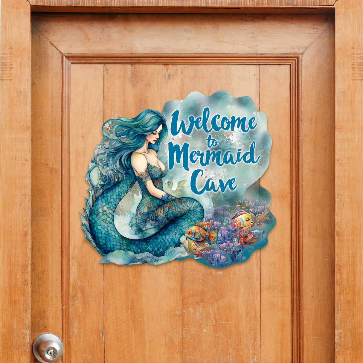 Bienvenido a Mermaid Cave - Letrero de bienvenida para puerta de entrada Pancarta de entrada principal Letrero de bienvenida - Decoración de porche delantero de madera - 933112H