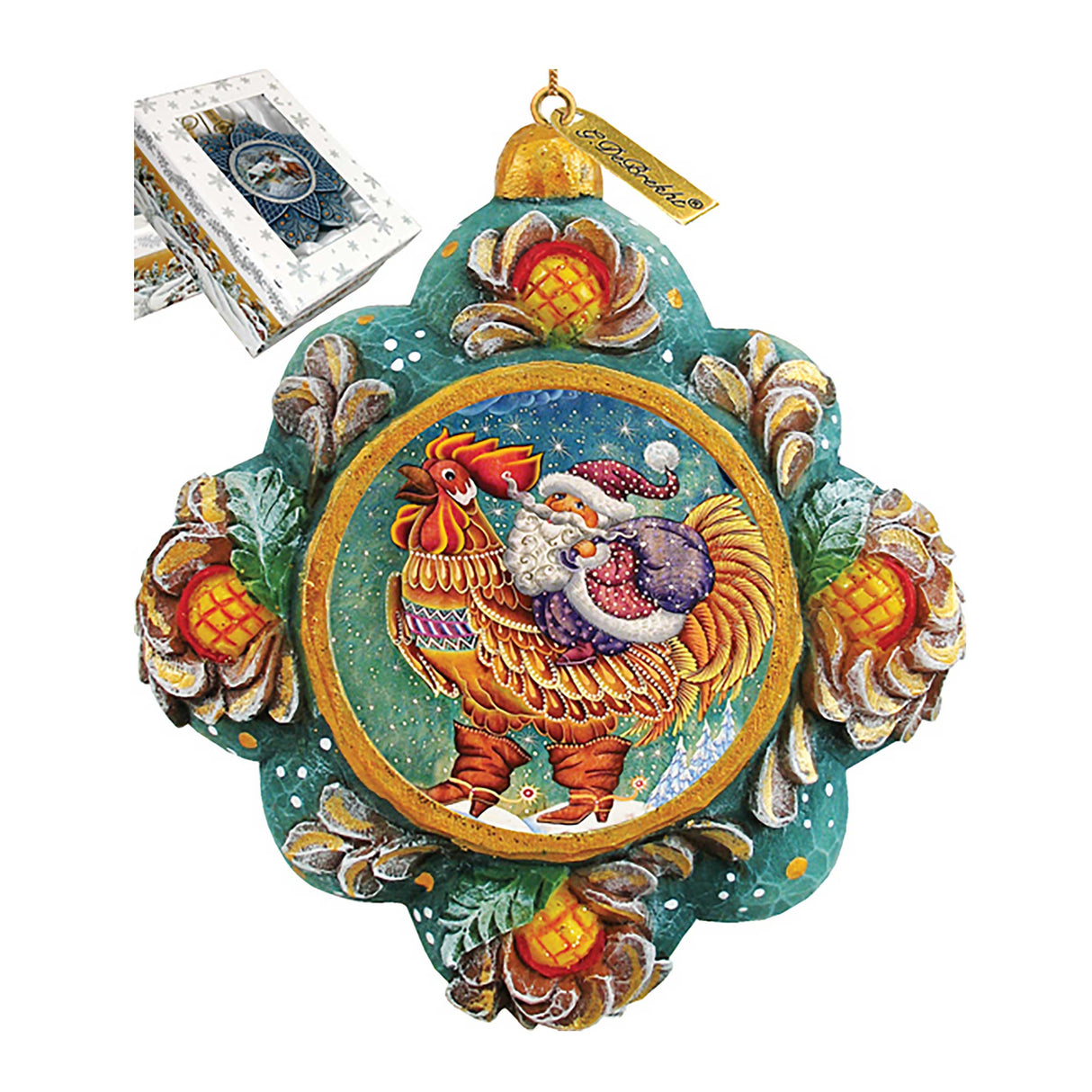 Adorno navideño de Papá Noel, gallo, esculpido y pintado a mano por G. DeBrekht - Decoración navideña de Papá Noel y muñeco de nieve - 6102545