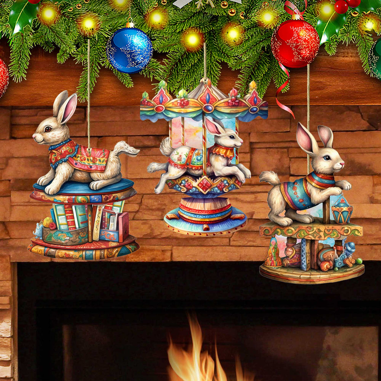 Carousel Bunnies Wooden Ornaments Set of 3 by G. Debrekht - Christmas Decor - 8100195S3