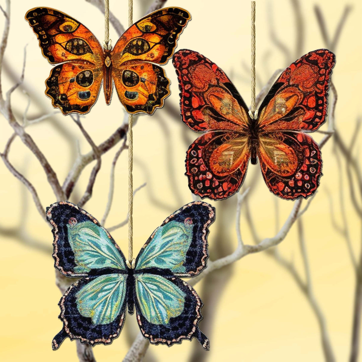 Summer Butterfly Decorative Wooden Ornaments of 3 by G. Debrekht - Wildlife Decor - 8091012-1-S3